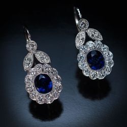 Milgrain Bezel Oval Cut Blue & White Sapphire Drop Earrings
