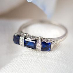 Three Stone Emerald Cut Blue Sapphire Engagement Ring