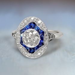 Vintage Halo Round Cut White & Blue Sapphire Engagement Ring