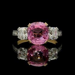 Two Tone Three Stone Cushion Cut Pink Topaz Engagement Ring