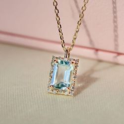 Rose Gold Halo Emerald Cut Aquamarine Pendant Necklace