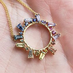 Golden Baguette Cut Multi Color Sapphire Pendant Necklace