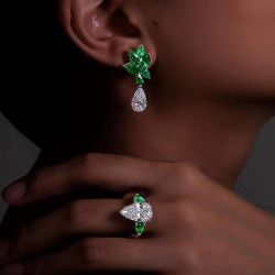Emerald & White Sapphire Drop Earrings & Engagement Ring Set