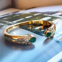 Golden Bezel Pear Cut Emerald Sapphire Open Bangle Bracelet