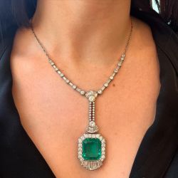 Vintage Halo Emerald Cut Emerald Sapphire Pendant Necklace