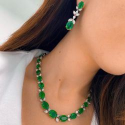 Oval Cut Emerald Drop Earrings & Tennis Necklace Set
