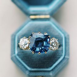 Golden Three Stone Cushion Cut Blue Sapphire Engagement Ring