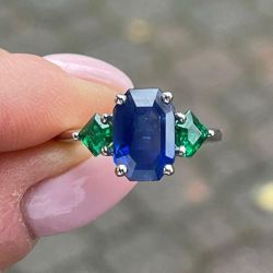 Three Stone Emerald Cut Blue Sapphire Engagement Ring