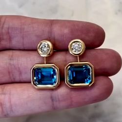 Golden Bezel Emerald Cut Blue & White Sapphire Drop Earrings