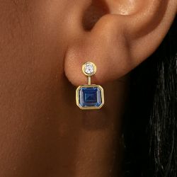 Golden Bezel Emerald Cut Blue & White Sapphire Drop Earrings