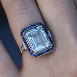 Halo Emerald Cut Aquamarine Engagement Ring For Women