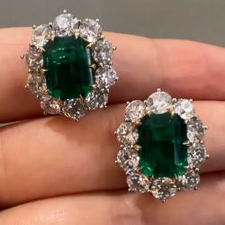 Two Tone Halo Emerald Cut Emerald Sapphire Stud Earrings