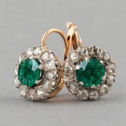 Two Tone Halo Round Cut Emerald Sapphire Drop Earrings