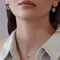 Double Halo Emerald Drop Earrings & Pendant Necklace Set