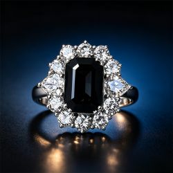 Halo Emerald Cut Black & White Sapphire Engagement Ring