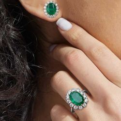 Halo Oval Cut Emerald Engagement Ring & Stud Earrings Set