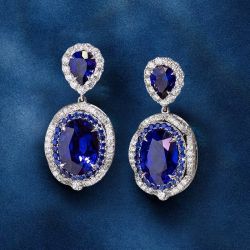 Double Halo Oval Cut Blue Sapphire Drop Earrings For Women