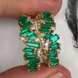 Golden Baguette Cut Emerald Color Hoop Earrings For Women
