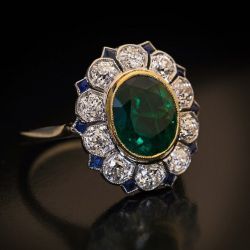 Art Deco Two Tone Halo Oval Cut Emerald Engagement Ring