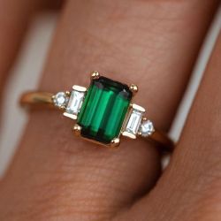 Art Deco Golden Emerald Cut Emerald Sapphire Engagement Ring