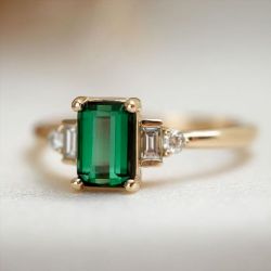 Art Deco Golden Emerald Cut Emerald Sapphire Engagement Ring