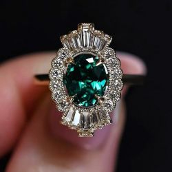 Art Deco Golden Halo Oval Cut Emerald Color Engagement Ring