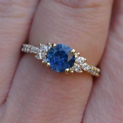 Golden Round Cut Blue Sapphire Unique Engagement Ring