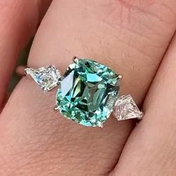 Three Stone Cushion Cut Minty Green Sapphire Engagement Ring