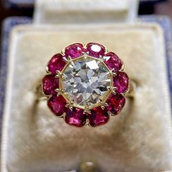 Antique Halo Round Cut White & Ruby Sapphire Engagement Ring