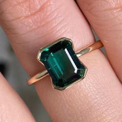 Classic Golden Emerald Cut Emerald Sapphire Engagement Ring