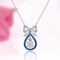 Art Deco Round Cut White & Blue Sapphire Pendant Necklace