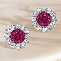 Classic Halo Round Cut Ruby Sapphire Stud Earrings For Women