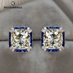 Vintage Halo Cushion Cut White & Blue Sapphire Stud Earrings