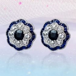 Vintage Halo Round Cut Blue Sapphire Stud Earrings For Women
