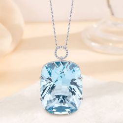 Classic Cushion Cut Aquamarine Pendant Necklace For Women