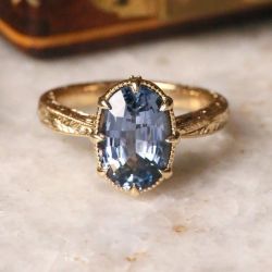 Golden Oval Cut Blue Sapphire Engagement Ring For Women