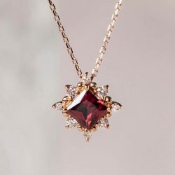 Golden Halo Asscher Cut Garnet Sapphire Pendant Necklace