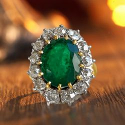 Vintage Halo Oval Cut Emerald Sapphire Engagement Ring