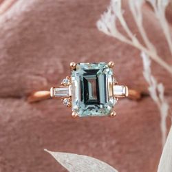 Rose Gold Emerald Cut  Aquamarine Engagement Ring For Women