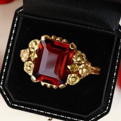 Art Deco Golden Emerald Cut Garnet Sapphire Solitaire Engagement Ring