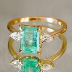 Golden Emerald Cut Emerald Sapphire Engagement Ring