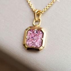 Golden Radiant Cut Pink Sapphire Pendant Necklace For Women