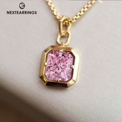 Golden Radiant Cut Pink Sapphire Pendant Necklace For Women