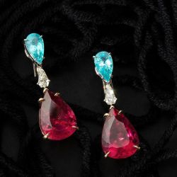 Two Tone Pear Cut Ruby & Aquamarine Drop Earrings For Women