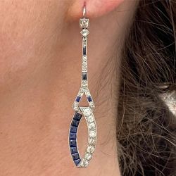 Vintage Round Cut Blue & White Sapphire Drop Earrings