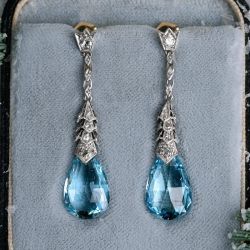 Art Deco Pear Cut Aquamarine Drop Earrings For Women