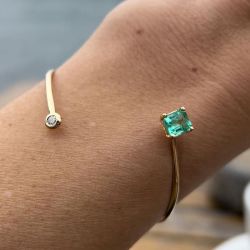Golden Asscher Cut Emerald Sapphire Open Bangle Bracelet