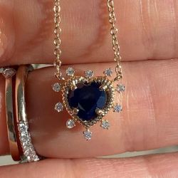 Cute Golden Heart Cut Blue Sapphire Pendant Necklace