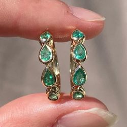 Golden Pear Cut Emerald Sapphire Hoop Earrings For Women