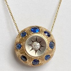 Golden Round Cut White & Blue Sapphire Pendant Necklace